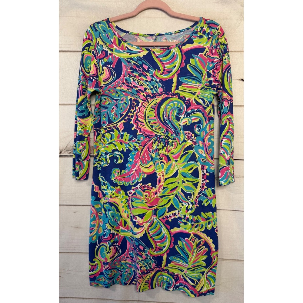 Lilly Pulitzer Long Sleeve Shift Dress Blue Pink Green Paisley Print‎ Size Small